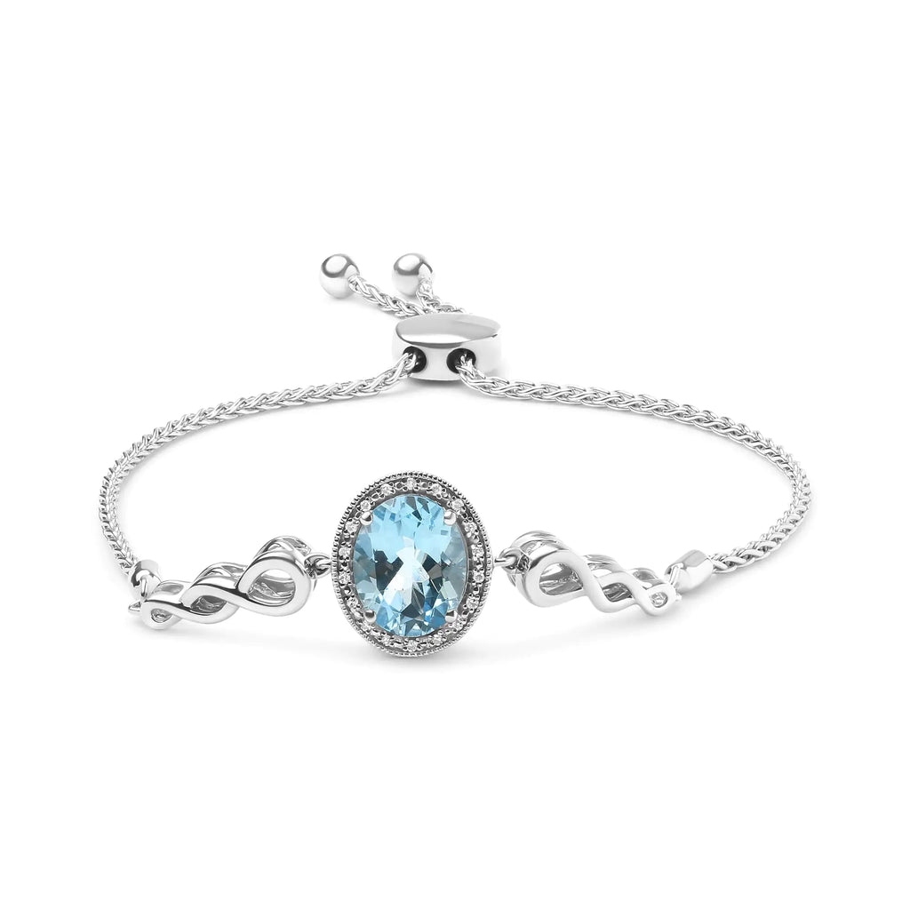 Pulsera bolo ajustable de 10 a 25 cm con topacio azul ovalado y detalles de diamantes de 10 x 8 mm en plata de ley 925 (color HI, claridad SI1 a SI2)