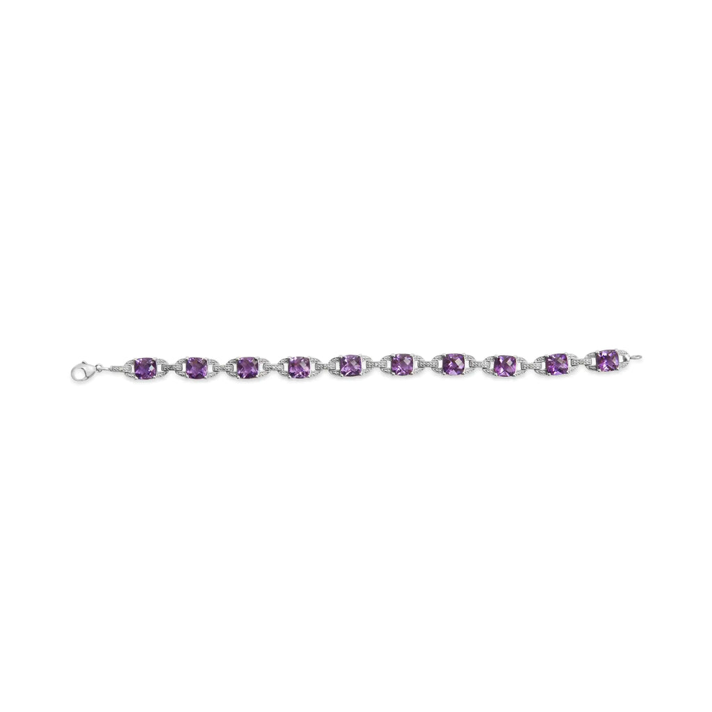 Bracelet à maillons tennis en argent sterling 925 avec améthyste taille coussin de 7 mm et diamant (couleur IJ, clarté I1-I2) - Taille 7"