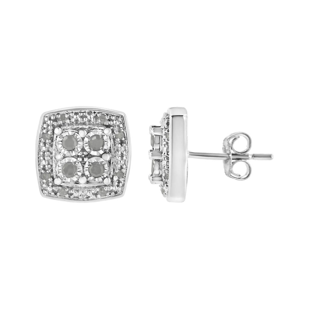 Aros con forma cuadrada de diamante de talla redonda de 1/4 cttw y milgrain en plata de ley 925 (color IJ, claridad I3)