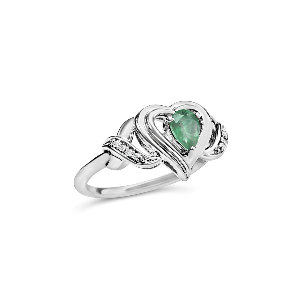 Bague de promesse en argent sterling 925 avec pierre précieuse émeraude en forme de poire de 6 x 4 mm et accent de diamant en forme de cœur (couleur HI, clarté SI1-SI2)