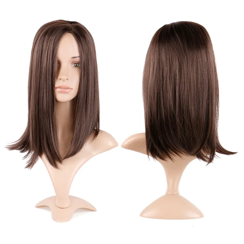 Perruque synthétique brune à mi-longueur et à clavicules lisses