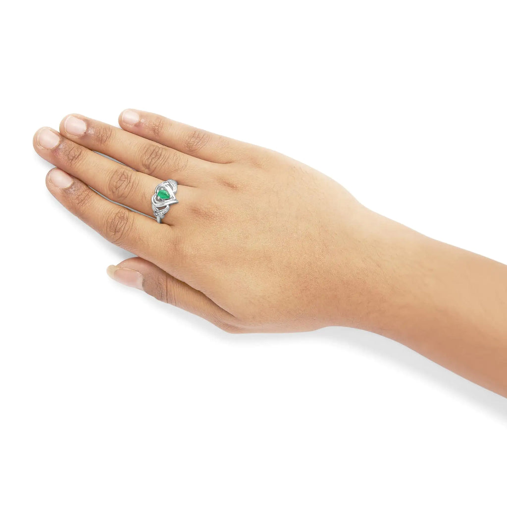 Bague de promesse en argent sterling 925 avec pierre précieuse émeraude en forme de poire de 6 x 4 mm et accent de diamant en forme de cœur (couleur HI, clarté SI1-SI2) - Taille 7