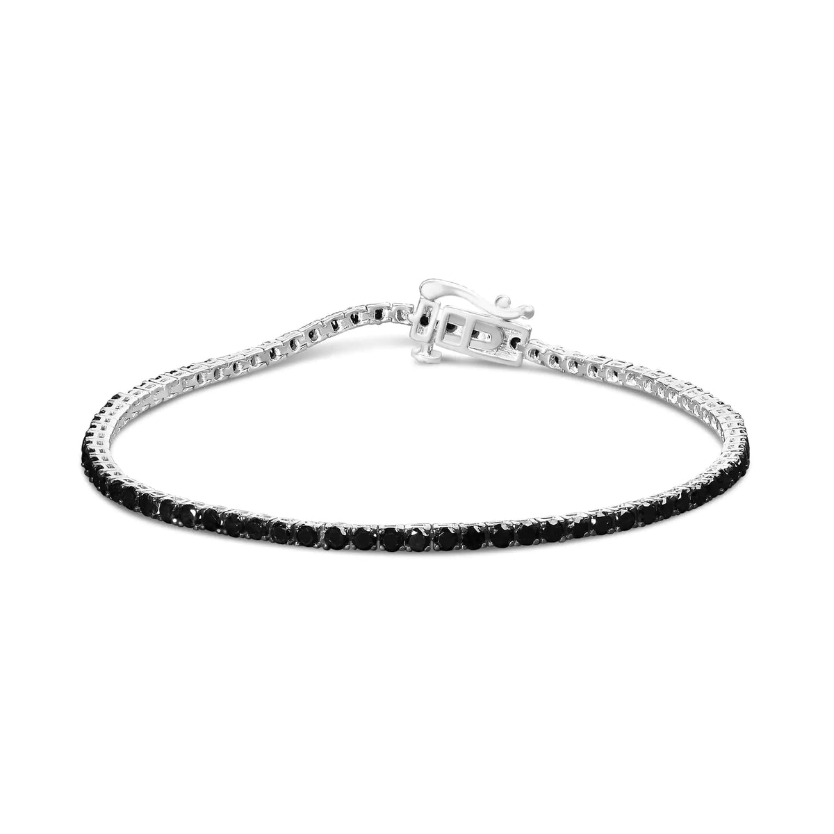 Pulsera clásica de tenis con diamantes de talla redonda negros tratados y engastados en plata de ley 925 de 4 puntas (color negro, claridad I2-I3) - 7,25"