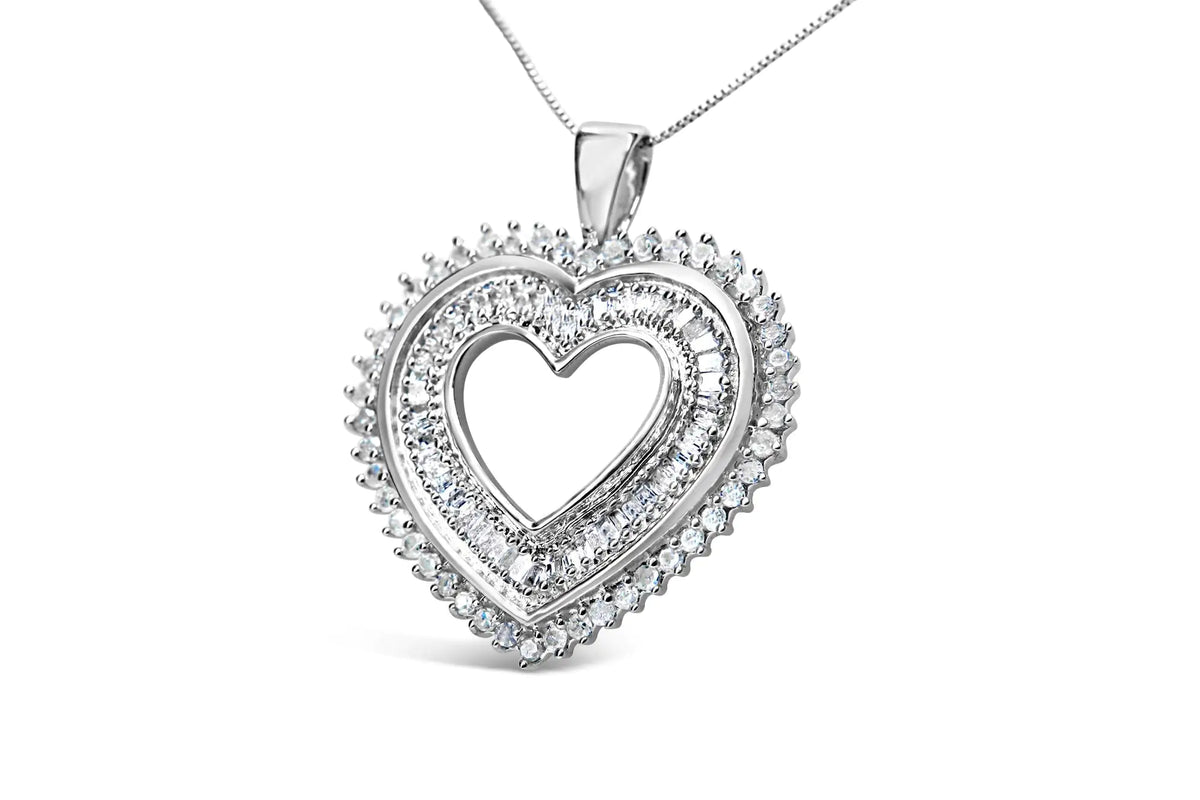 Collar con colgante de corazón de diamantes redondos y baguette de 1,0 ct en plata de ley 925 de 18" (color HI, claridad I3)