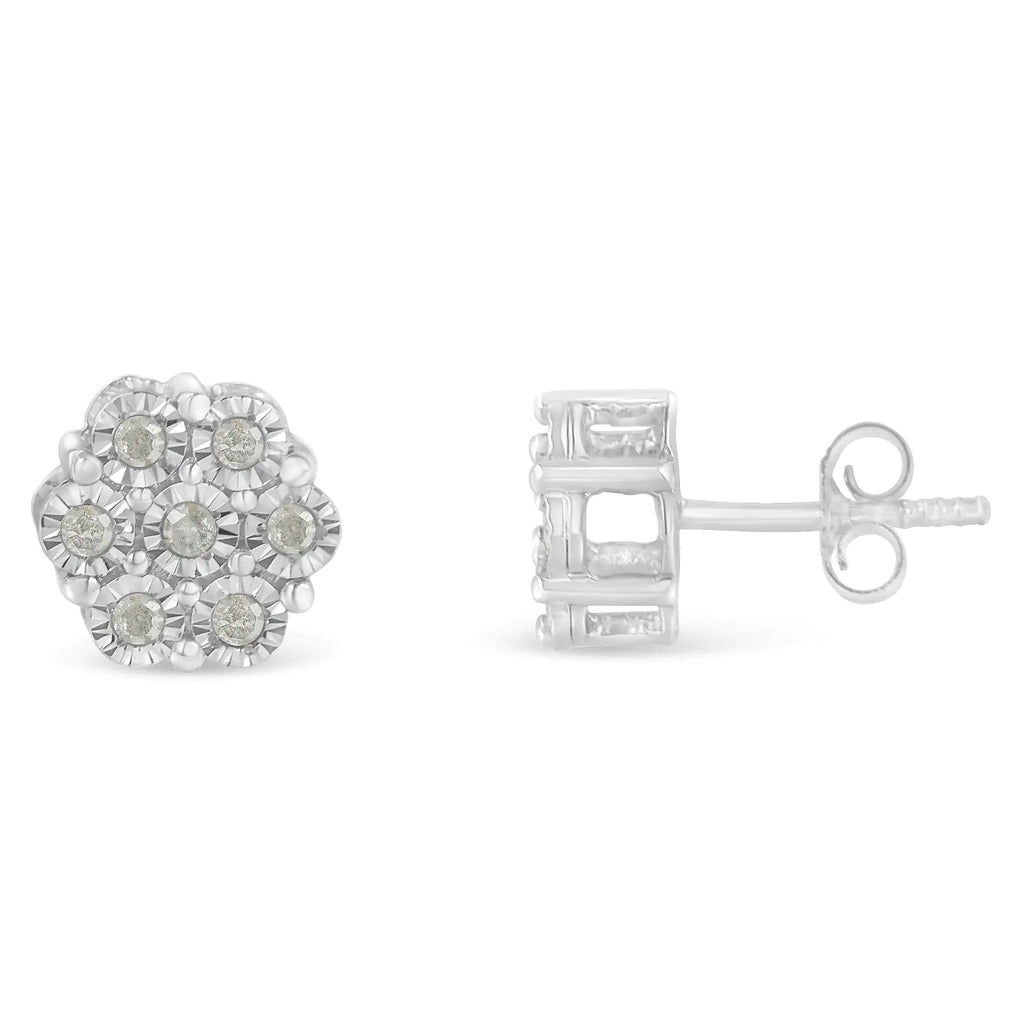 Aros con forma de botón con diamantes de talla redonda de 1/4 ct engastados con flores engastadas en forma de milagro en plata de ley 925 (color IJ, claridad I3)