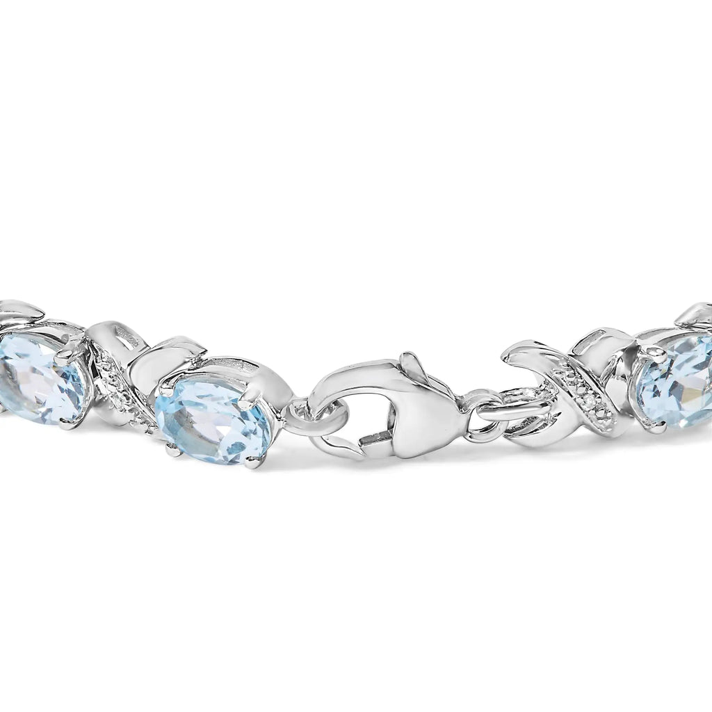 Pulsera de tenis con eslabones en forma de X y topacio azul ovalado de 16,0 quilates y detalles de diamantes en plata de ley 925 (color IJ, claridad I1-I2) - Tamaño 7"