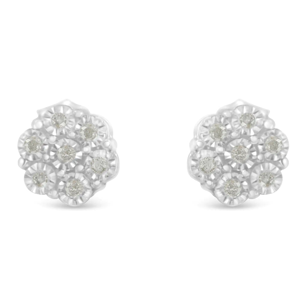 Boucles d'oreilles à tige en argent sterling 925 avec diamants taille ronde de 1/6 ct sertis miracle et bouton floral (couleur IJ, pureté I2-I3)