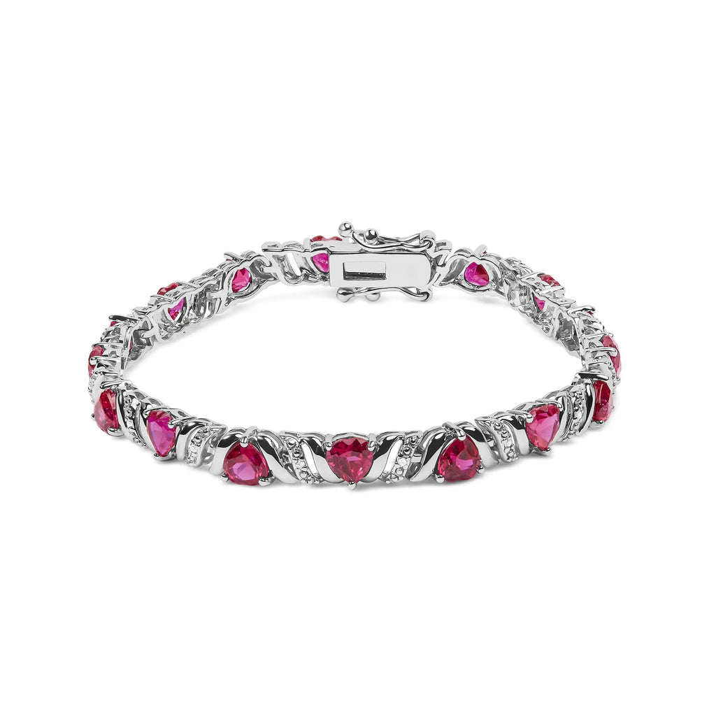 Pulsera de eslabones con detalles de diamantes blancos y rubíes rojos en forma de corazón de plata esterlina 925 (color IJ, claridad I3) - 7,25"