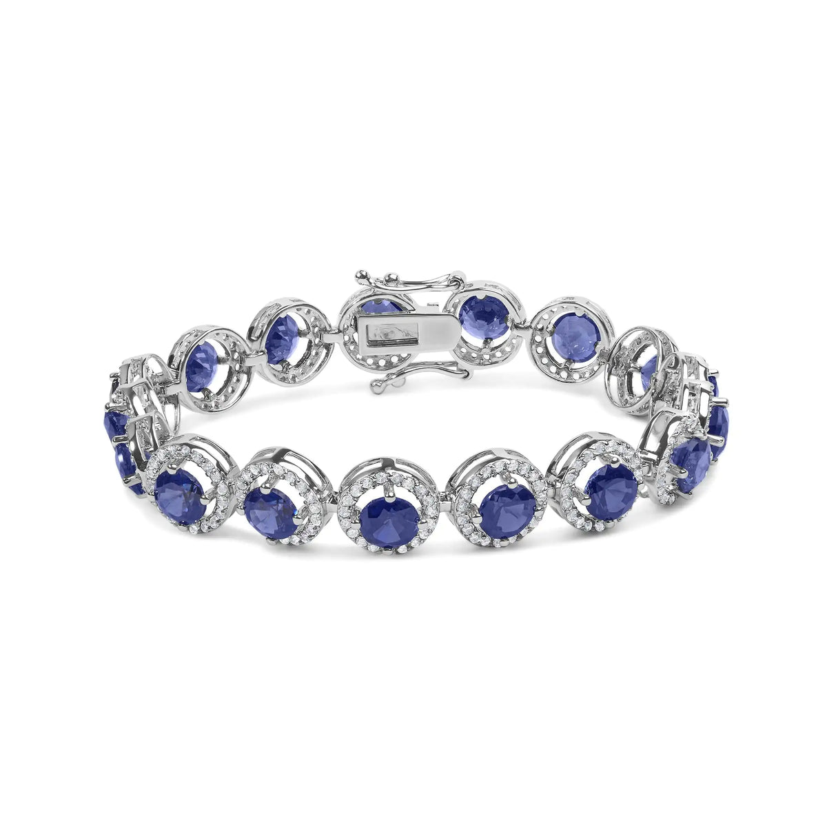 Pulsera de eslabones con halo de topacio blanco y zafiro azul creado de 21,0 quilates en plata de ley 925 (7,25 pulgadas)