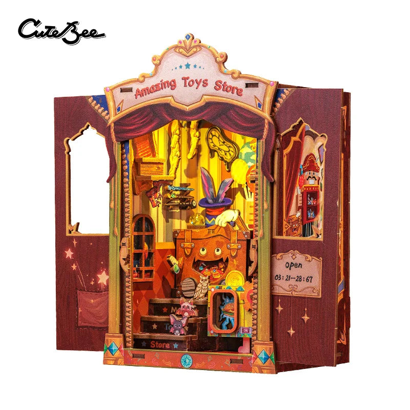 CUTEBEE Bookstore Book Nook with Light DIY Miniature Wooden Dollhouse for Decor Gift Bookshelf Insert Kit 3D Puzzle