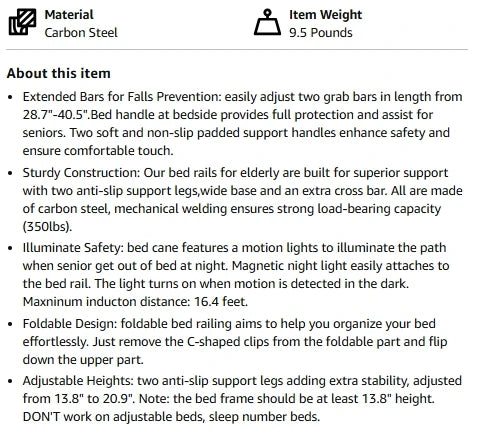 Adjustable Bed Rails for Elderly Adults Safety with Motion Light,Foldable Heavy Duty Bed Rail with Extended Grab Bar,Pouch Bag