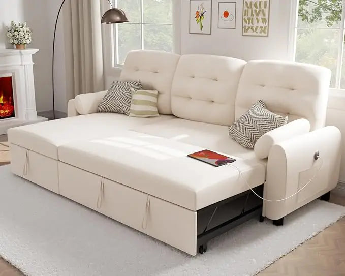 Sectional Sofa Couch, 87" Sleeper Sofa Bed with Reversible Storage Chaise Pull Out Couch for Living Room