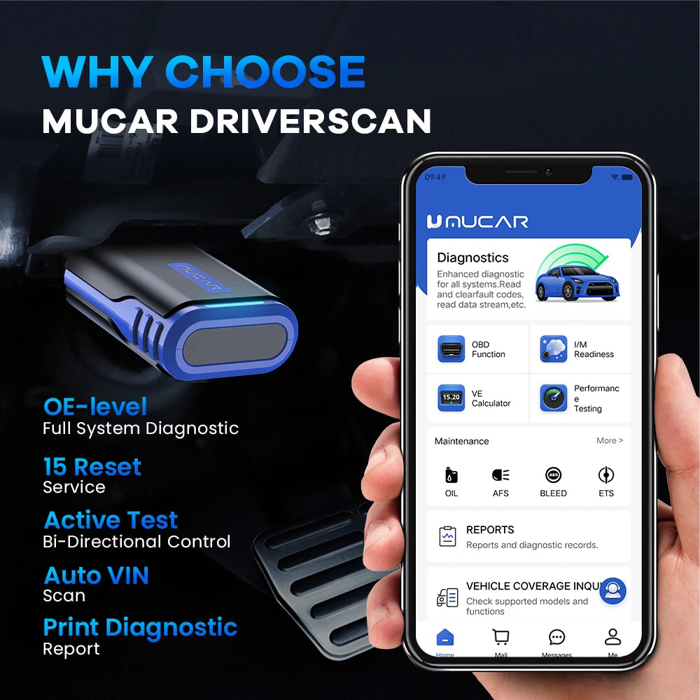 MUCAR DriverScan OBD2 Scanner Bluetooth, Bi-directional scan Tool OE Level All System Diagnostic Active Test 15 Service Function