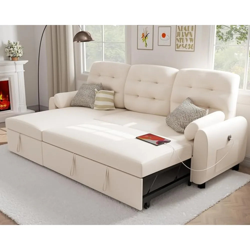Sectional Sofa Couch, 87" Sleeper Sofa Bed with Reversible Storage Chaise Pull Out Couch for Living Room