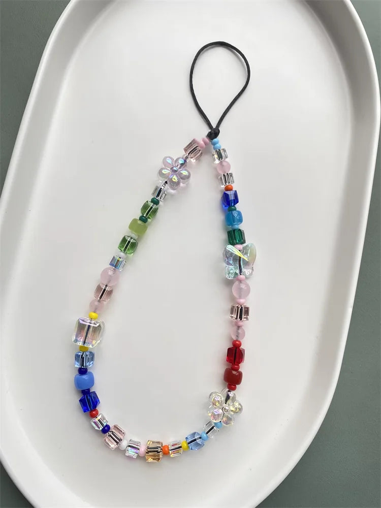 HERLOOK Butterfly Phone Charm Strap Crystal Cube Beaded Flower Phone Chain Y2K Accessories Mix-Color Resin Cellphone Lanyard