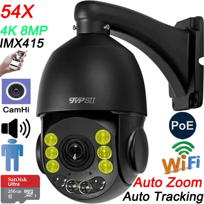 Max.256G Full Color Auto Tracking CamHi H.265+ 8MP 4K IMX415 54X Optical Zoom Audio Alarm WIFI POE PTZ 2 in 1 IP Security Camera