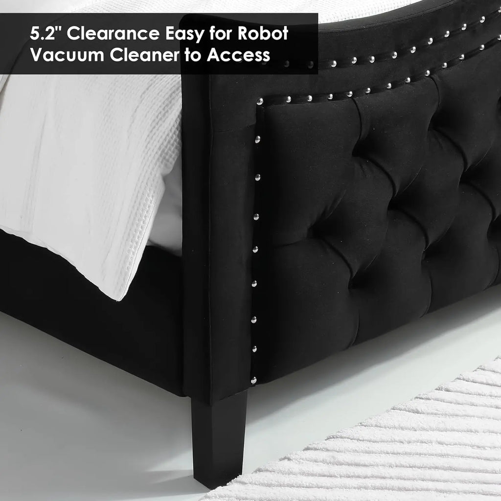 Queen Bed Frame, 55" Headboard Upholstered Bed with Tall Footbaord, Velvet Handmade Pleats Deep Button Tufted Wingback P