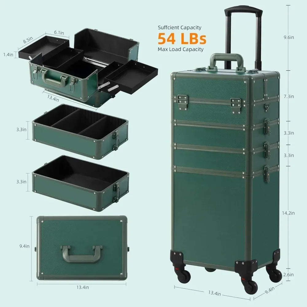 Makeup Train Case, Rolling Makeup with Lid, 5 in 1 Cosmetology Case on Wheels, Christmas Gift, Large Makeup Case Organizers