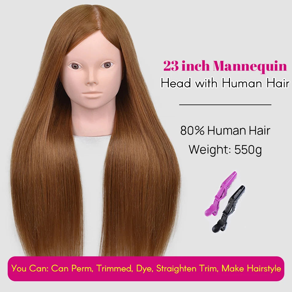 New Female Mannequin Training Doll Head With 80% Real Hair For Hairsyles Hairdressing Cosmetology Dolls Head With Stand Tripod