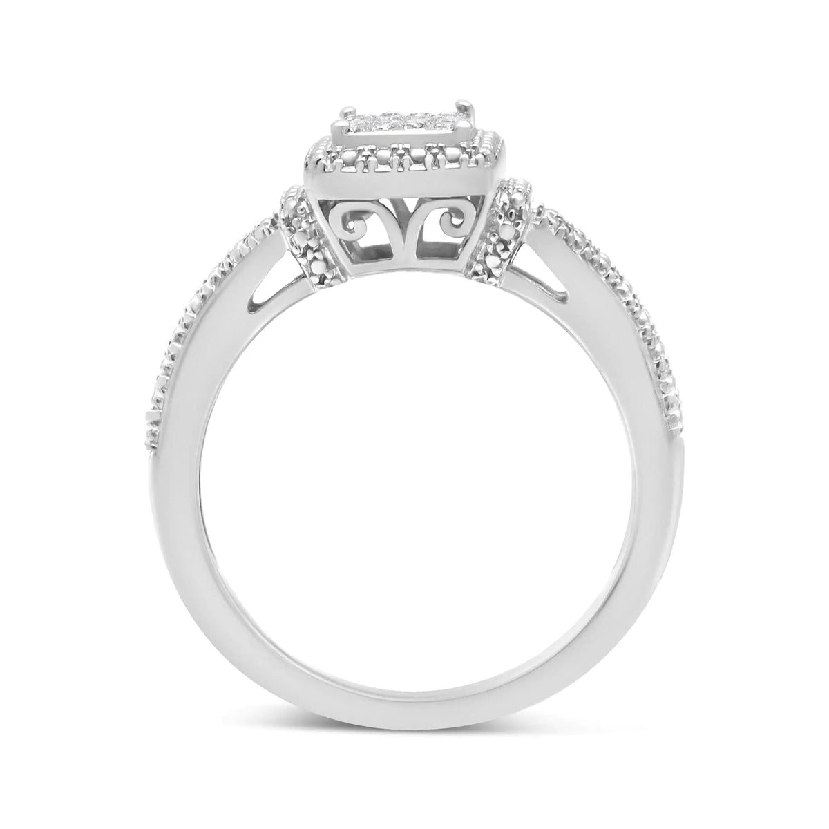 Anillo de compromiso compuesto de diamantes de talla princesa de 1/4 ct en plata esterlina 925 con cuerpo con cuentas (color HI, claridad SI1-SI2)