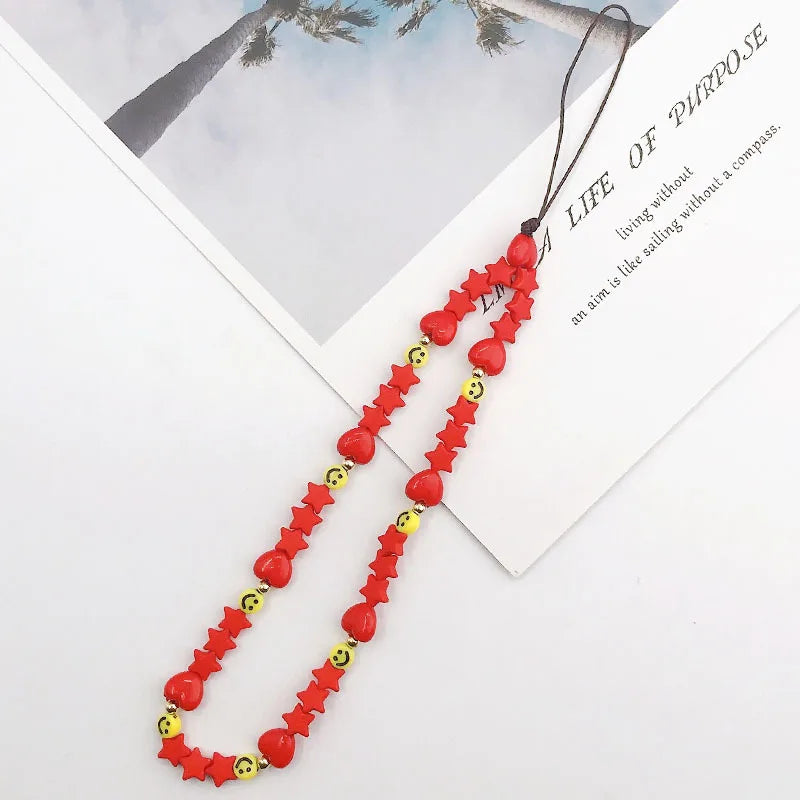 2023 Pink Acrylic Heart Cellphone Chain Lanyard Jewelry for Women Vintage Devil Eye Flower Charm Phone Case Strap Accessories
