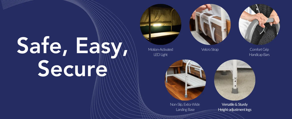 Deluxe Bed Rails for Elderly Adults - Adjustable Height Bed Safety Rail for Seniors with Cane Holder, LED Light, Mesh