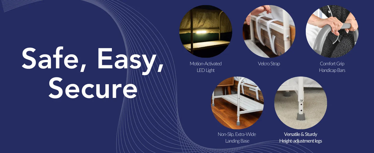Deluxe Bed Rails for Elderly Adults - Adjustable Height Bed Safety Rail for Seniors with Cane Holder, LED Light, Mesh