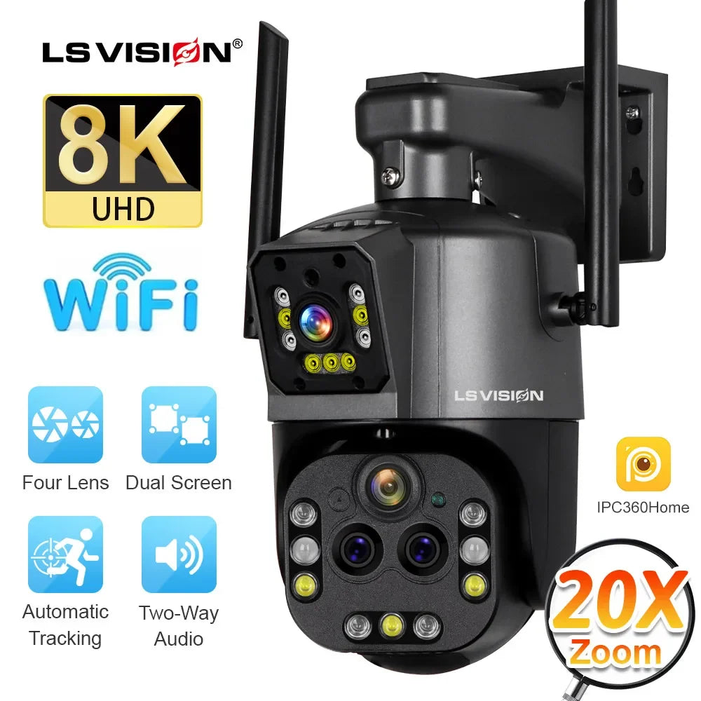 LS VISION Ultra 8K WiFi IP Camera 20X Optical Zoom Outdoor Wireless 4K Four Lens Dual Screens PTZ Cam Auto Tracking CCTV Camera