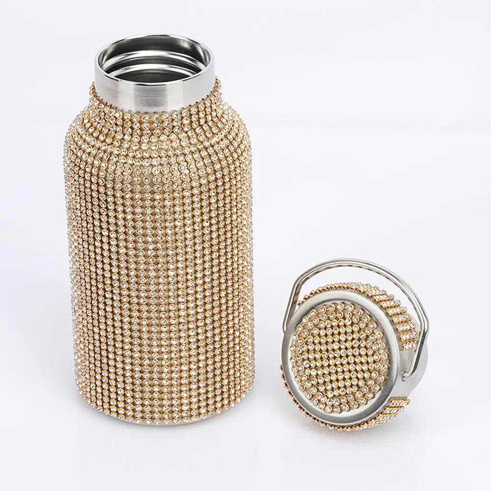 350ml/500ml/750ml Stainless Steel Insulated Vacuum Cup Rhinestone Decor Flask Bottle Drinking Kettle Thermal Mug Outdooor Travel