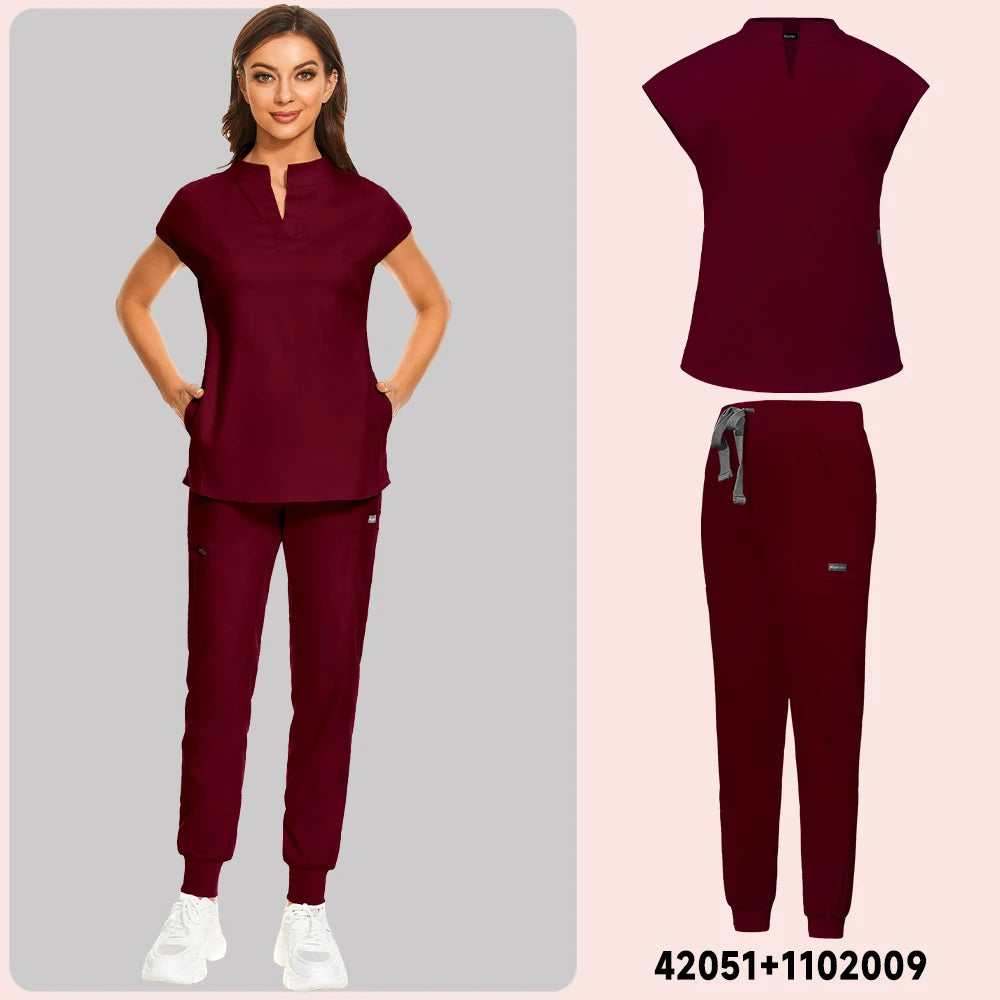 Plus Size Scrubs Set Women Medical Nurse Uniforms Stand Neck V-cut Scrub Top Jogger Pants Vet Doctor Healthcare Workers Workwear