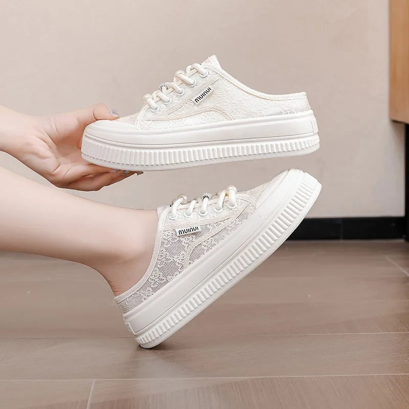 Women Slippers Outdooor Mesh Breathable Lace Up Thick Sole Sandals Wear Resistant Non-slip Fashion Causal Versatile 2024