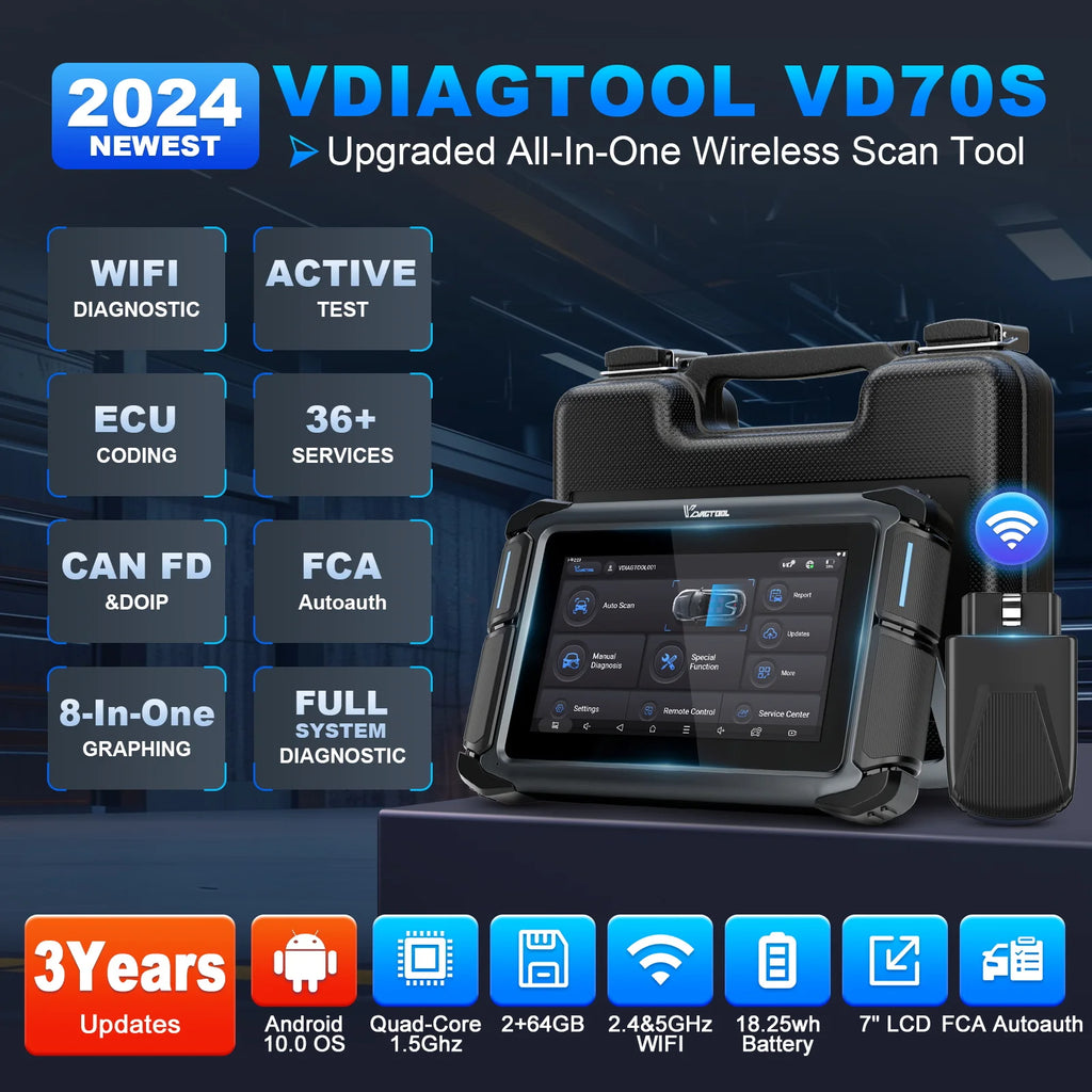 VDIAGTOOL VD70S VD70 BT Bluetooth Automotive Scanner Wireless WIFI Car Diagnostic Scan Tools ECU Coding 36+ Services CANFD DOIP