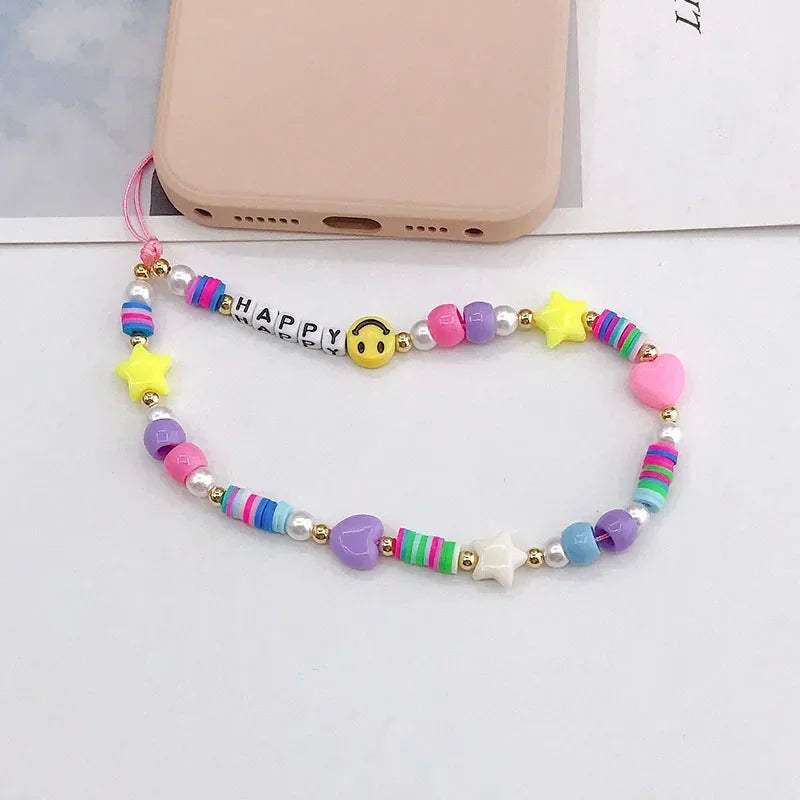 Bohemian Butterfly Soft Pottery Phone Chain Lanyard DIY Letters LOVE Pearl Beaded Phone Case Rope Charm Jewelry Accessories 2023