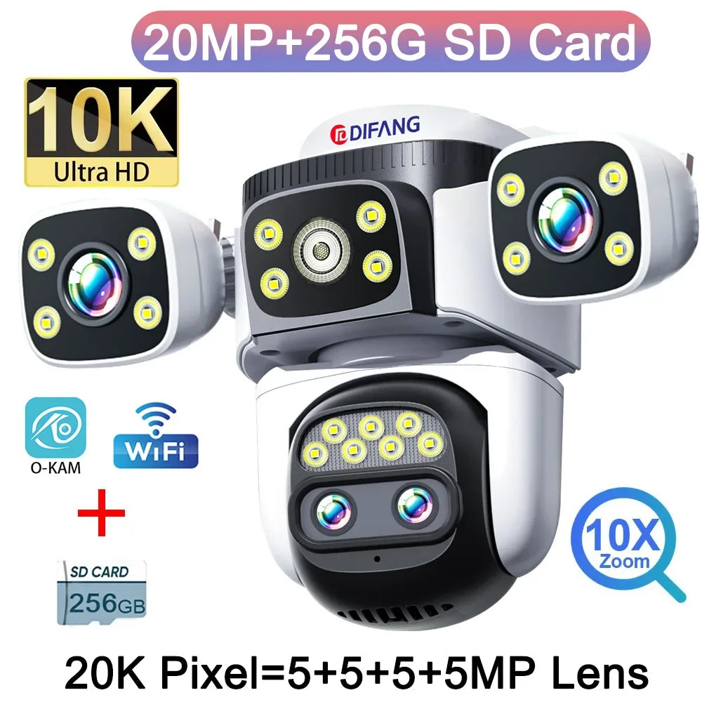 Outdoor Optical 10X Zoom 20MP WiFi Camera 10K Four Lens Four Screens PTZ Human Two Way Audio Auto Tracking Security Camera CCTV