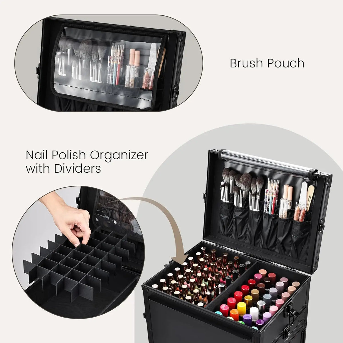 Rolling Manicure Table 5 Drawers Makeup Case Foldable Nail Desk Cosmetology Case on Wheels with Brush Pouch for Technician Works