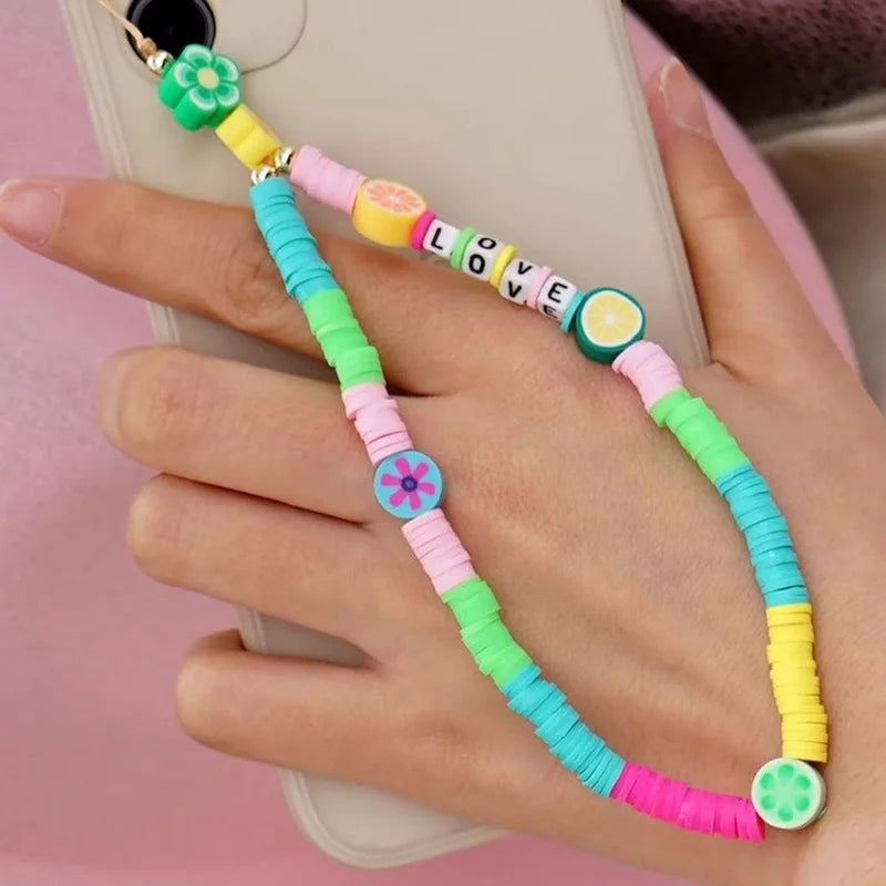 Simple Clay Fruit Charm Phone Chain Jewelry for Women Phone Lanyard Acrylic Resin Evil Eye Star Phone Case Strap DIY Accessories