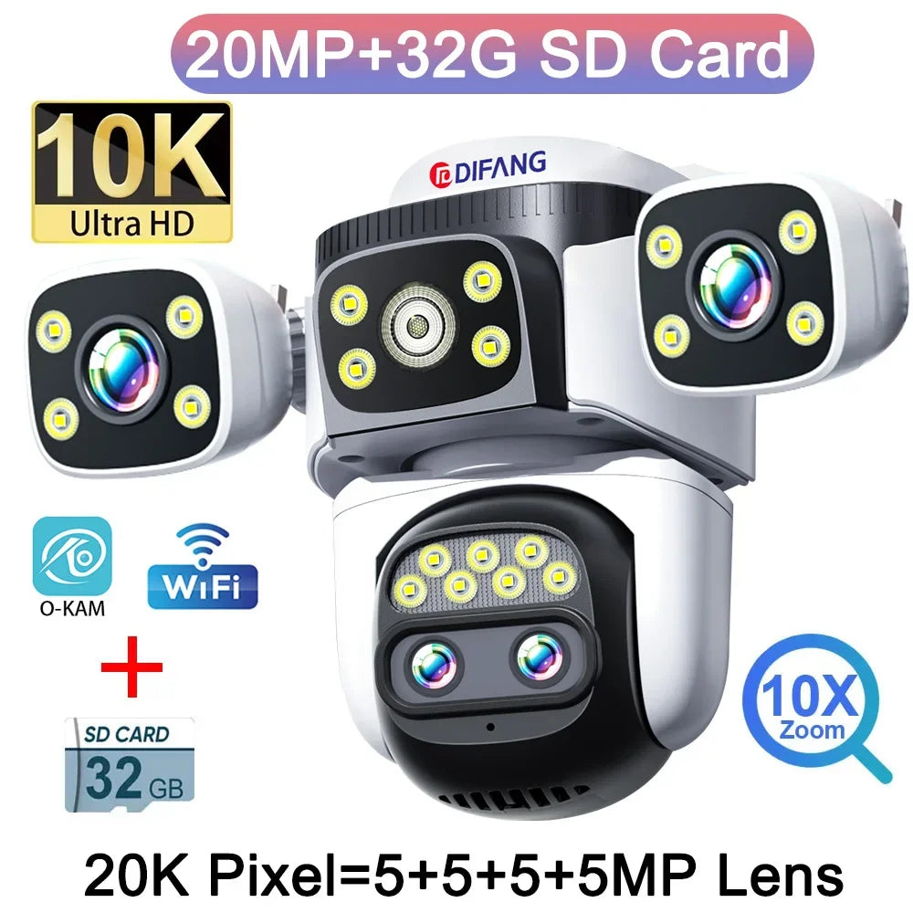 Outdoor Optical 10X Zoom 20MP WiFi Camera 10K Four Lens Four Screens PTZ Human Two Way Audio Auto Tracking Security Camera CCTV