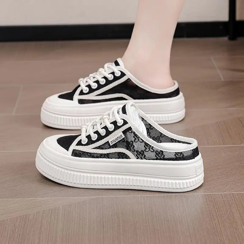 Women Slippers Outdooor Mesh Breathable Lace Up Thick Sole Sandals Wear Resistant Non-slip Fashion Causal Versatile 2024