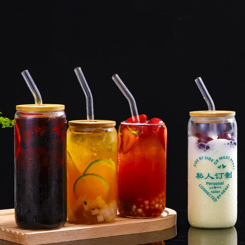 Cola Can with Bamboo Lid, Glass Beverage Juice Cup with Straw