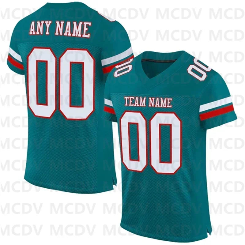 Custom Teal White-Red Mesh Authentic Football Jersey  Short Sleeves Athletic Tee Shirts Unisex Top streetwear