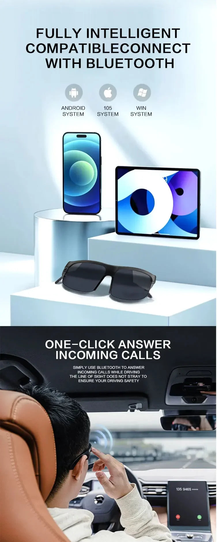 Smart Bluetooth Glasses 5.0 with Call and Music Waterproof Outdoor Cycling Sunglasses for Sports Running Hiking Men Women