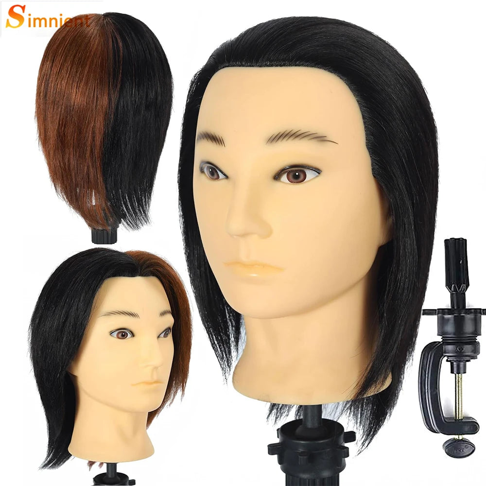Male Mannequin Head With 100% Real Human Hair Black For Practice Hairdresser Cosmetology Training Doll Head For Hair Styling