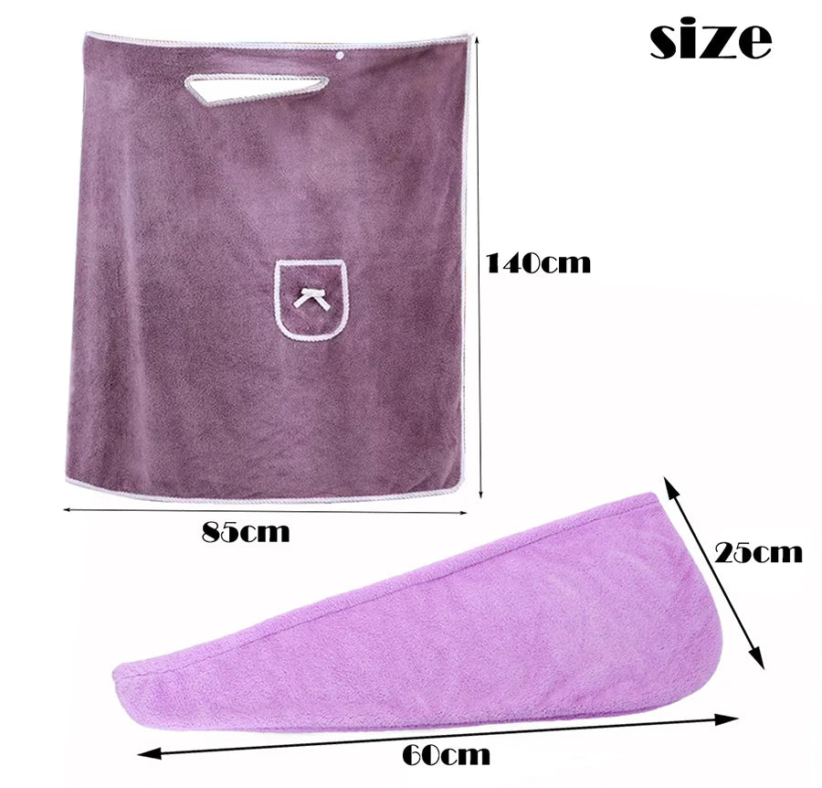 Bath Towel And Turban Hair Towel For Women With Lovely One Pocket Wearable Microfiber Towels 2 Pcs/Set Bathroom Accessories