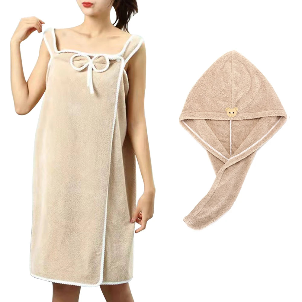 Bath Towel And Turban Hair Towel For Women With Lovely One Pocket Wearable Microfiber Towels 2 Pcs/Set Bathroom Accessories
