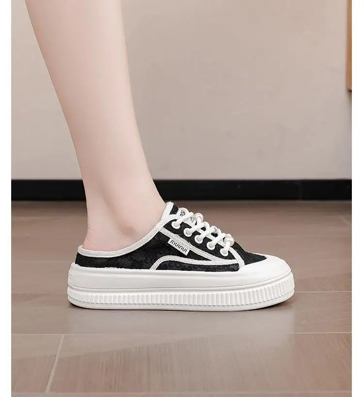 Women Slippers Outdooor Mesh Breathable Lace Up Thick Sole Sandals Wear Resistant Non-slip Fashion Causal Versatile 2024