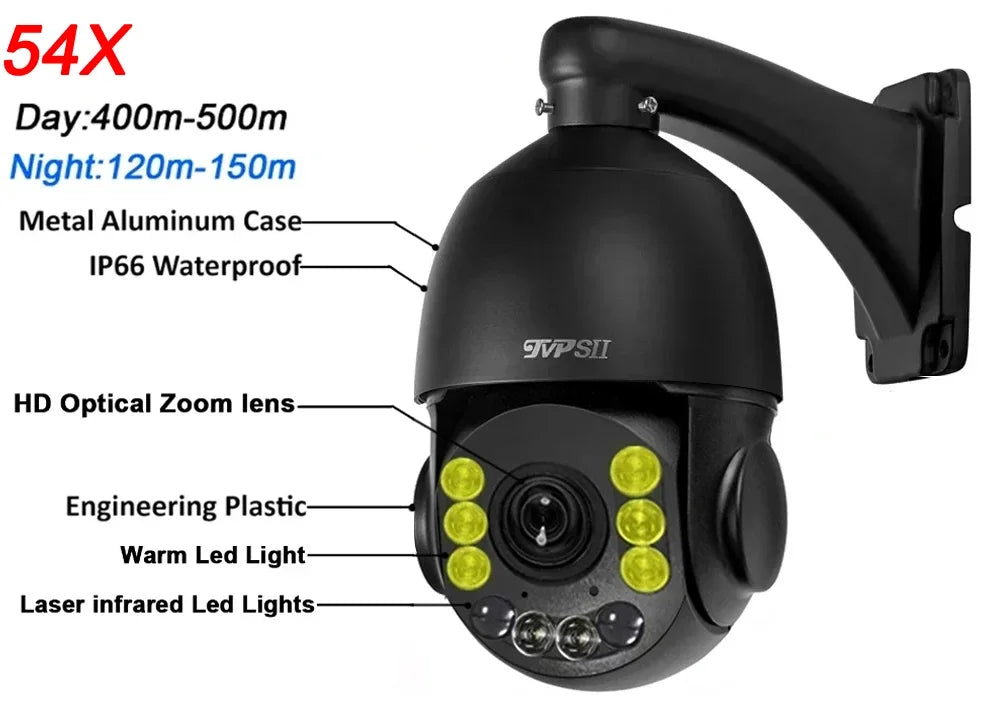 Max.256G Full Color Auto Tracking CamHi H.265+ 8MP 4K IMX415 54X Optical Zoom Audio Alarm WIFI POE PTZ 2 in 1 IP Security Camera