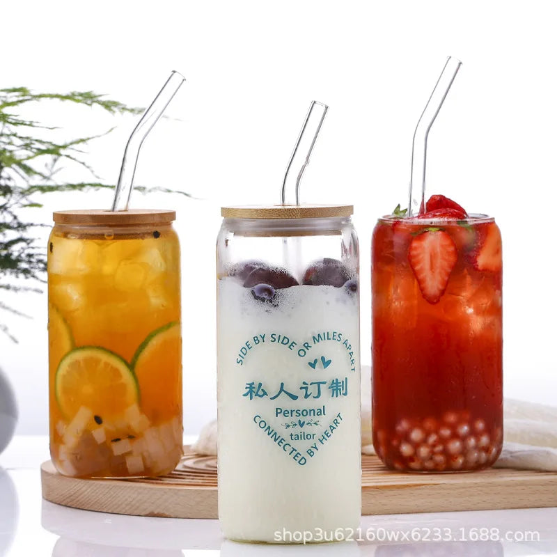 Cola Can with Bamboo Lid, Glass Beverage Juice Cup with Straw