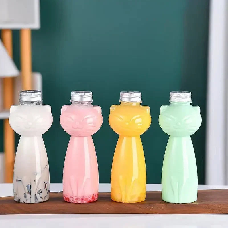 PET Cat Water Bottles for Milk Tea Coffee Juice Portable Drinking Cup Home Transparent Juicing Beverage Drink Bottle BPA Free