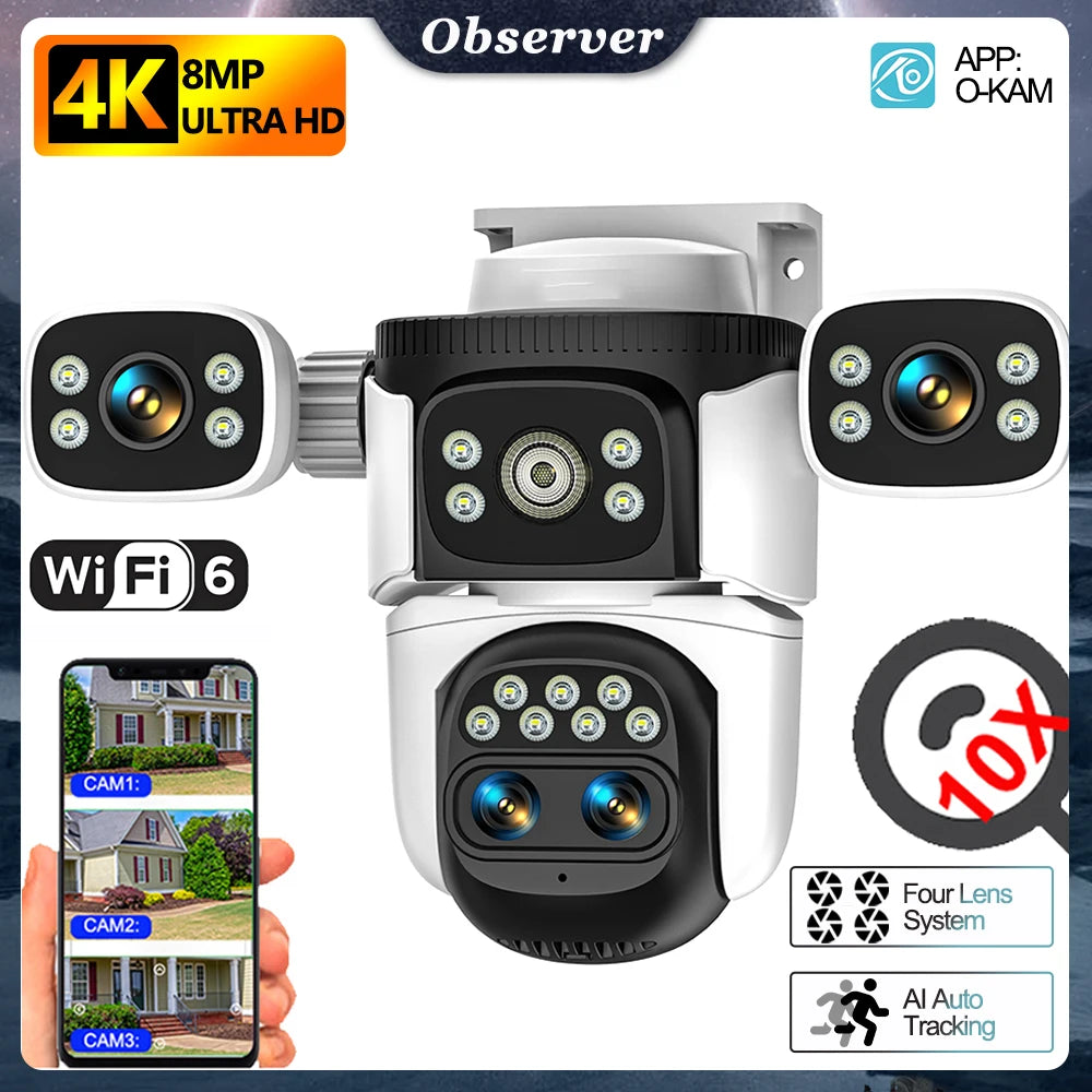 4K 10x Optical Zoom WIFI Camera 8MP Outdoor Four Lens Four Screens PTZ Camera AI Auto Tracking Video Surveillance Support WIFI 6