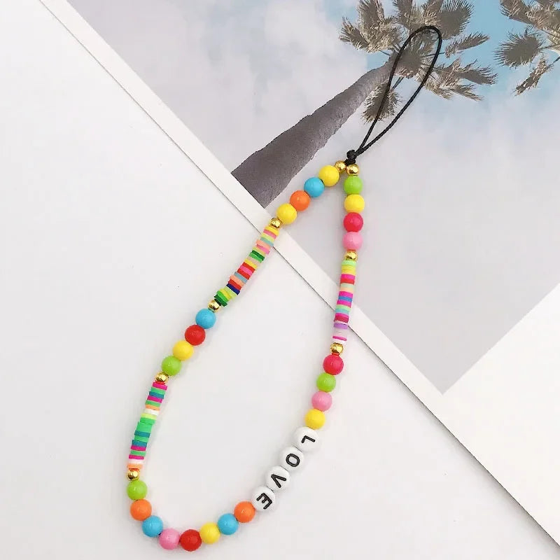 Bohemian Butterfly Soft Pottery Phone Chain Lanyard DIY Letters LOVE Pearl Beaded Phone Case Rope Charm Jewelry Accessories 2023